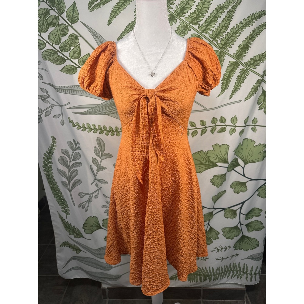 Jessica Simpson Orange Crinkle Puff Sleeve Tie Front Fit & Flare Dress XL NWT